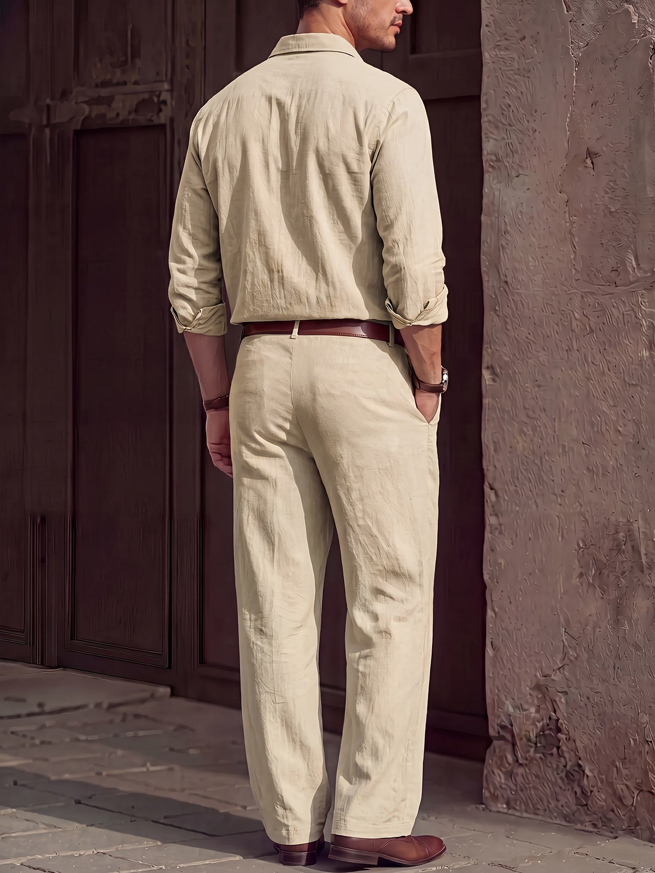 Men's Lightweight Linen Long-Sleeve Shirt & Pants Set for Spring/Fall