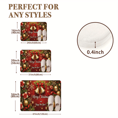1pc Christmas & New Year Welcome Mat with Merry Christmas & Happy New Year Greeting, Red/Golden/Green Holiday Design, Non-Slip Backing, Heavy-Duty 600g/m² Polyester, Machine Washable Indoor/Outdoor Door Mat with Pine Branche