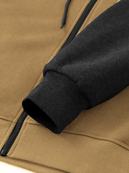 Men's Casual Sports Hoodie Two-Piece Set Four Seasons Color-Matching Zipper Drawstring Waist Jogging Suit - ayq
