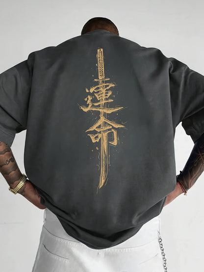 Men'S Japanese Samurai Sword Graphic T-Shirt - Casual Loose Fit Crew Neck, Short Sleeve Tee with Red Stylized Japanese Katanas Design, Breathable Polyester for Spring  Summer Outdoor Wear