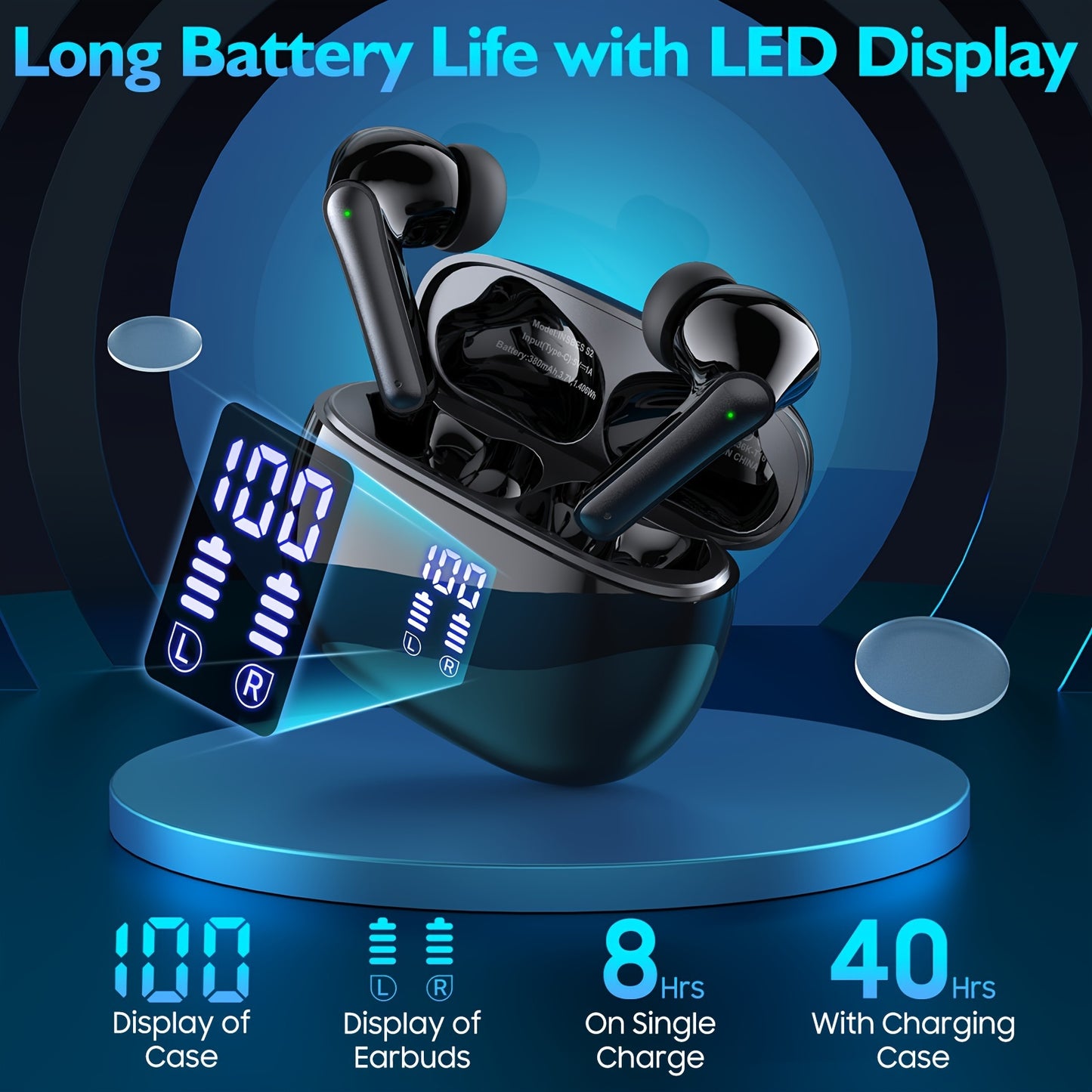 Wireless Earbuds with Touch Control, Built-in Noise Reduction Mic, Type-C Charging Case, 15Hr Playtime, 2Hr Quick Charge, USB Charging, 380mAh Battery, with LED Power Display, for Sports, Adult, Compatible with Cellphones