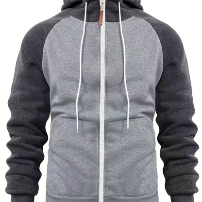 Տղամարդու ոճային գունային բլոկներով վերնաշապիկ՝ առօրյա, կայծակաճարմանդով և գլխարկով սվիտեր՝ առջևի գրպաններով, երկար թևքերով և երիզներով՝ շագանակագույն և սև դիզայնով, հարմարավետ աշնանային և ձմեռային հագուստի համար։