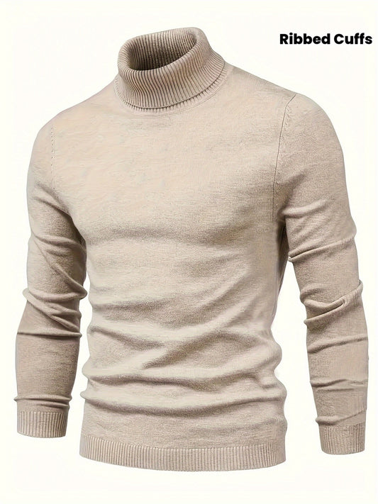 Early Autumn Men's Classic Solid Color Sweater - Minimalist Style, High Neck Warm Design, Soft and Fitted Texture with Elastic Ribbed Cuffs and Hem for a Snug Fit at Wrist and Waist