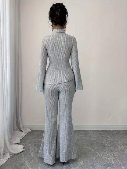 Women'S Autumn-Winter Fleece-Lined High Neck Asymmetrical Hem Long Sleeve Pants Suit | Elegant Solid Color Design.