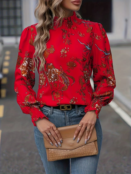 Women's Elegant Chinese-Inspired Peony & Bird Floral Print Blouse - Red High Neck Long Sleeve Shirt with Ruffled Collar &, Wrinkle-Resistant Machine Washable All-Season Top for, Wedding Guest, Casual Outfits (Non-