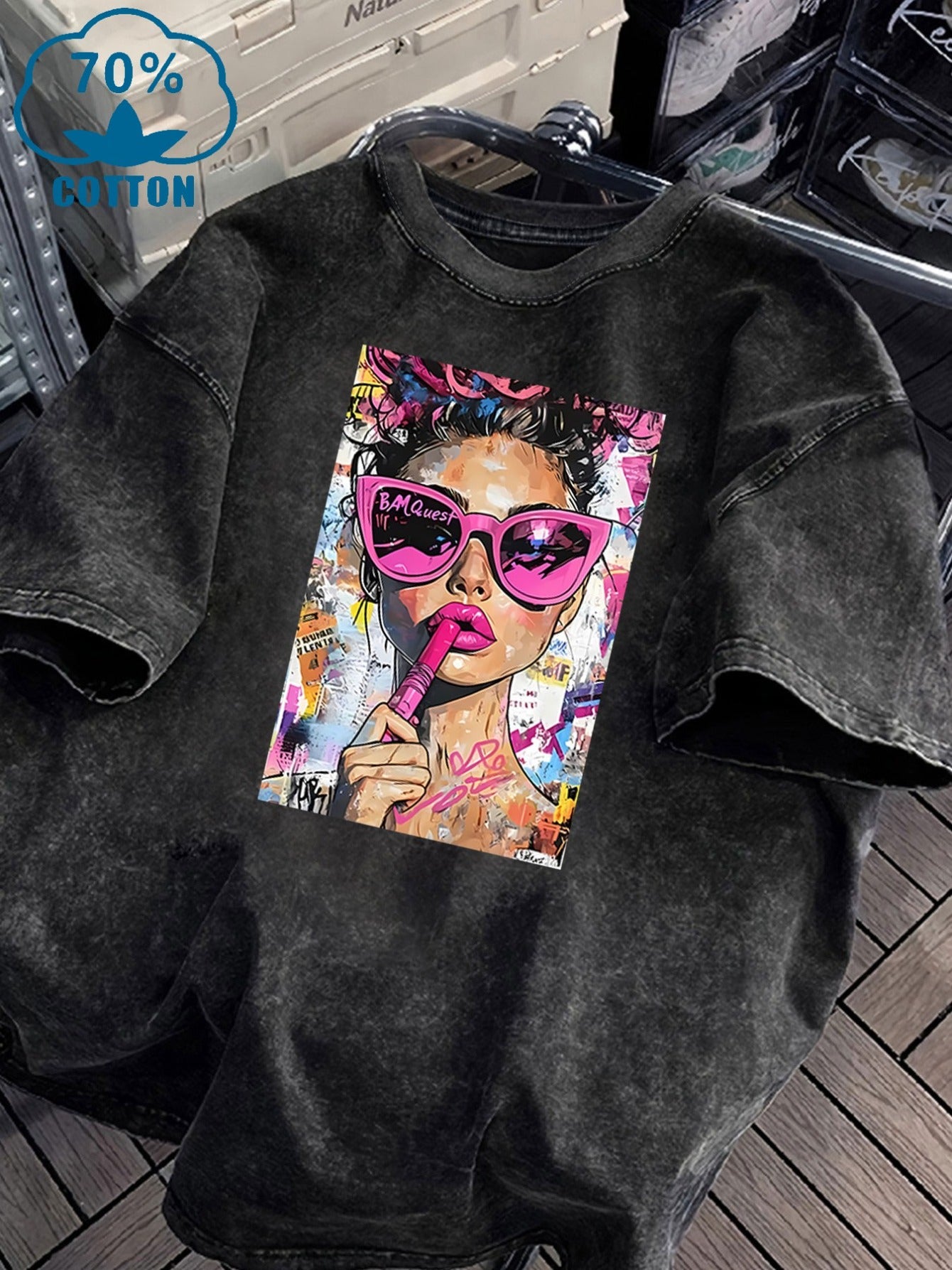 Women's Vintage Washed Cotton Blend T-Shirt with Bold Pop Art
