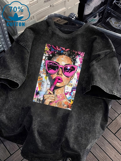 Women's Vintage Washed Cotton Blend T-Shirt with Bold Pop Art
