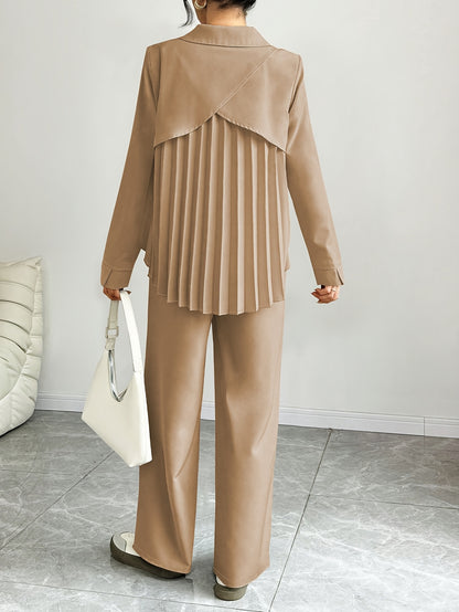 Women's Solid Color Pleated Long Sleeve Shirt + Pants Set for Spring and Autumn