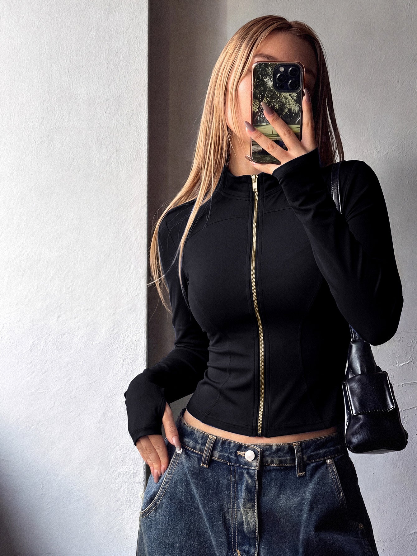 Women’s Athletic Long Sleeve Jacket with Thumb Loop, Stretchy Fit