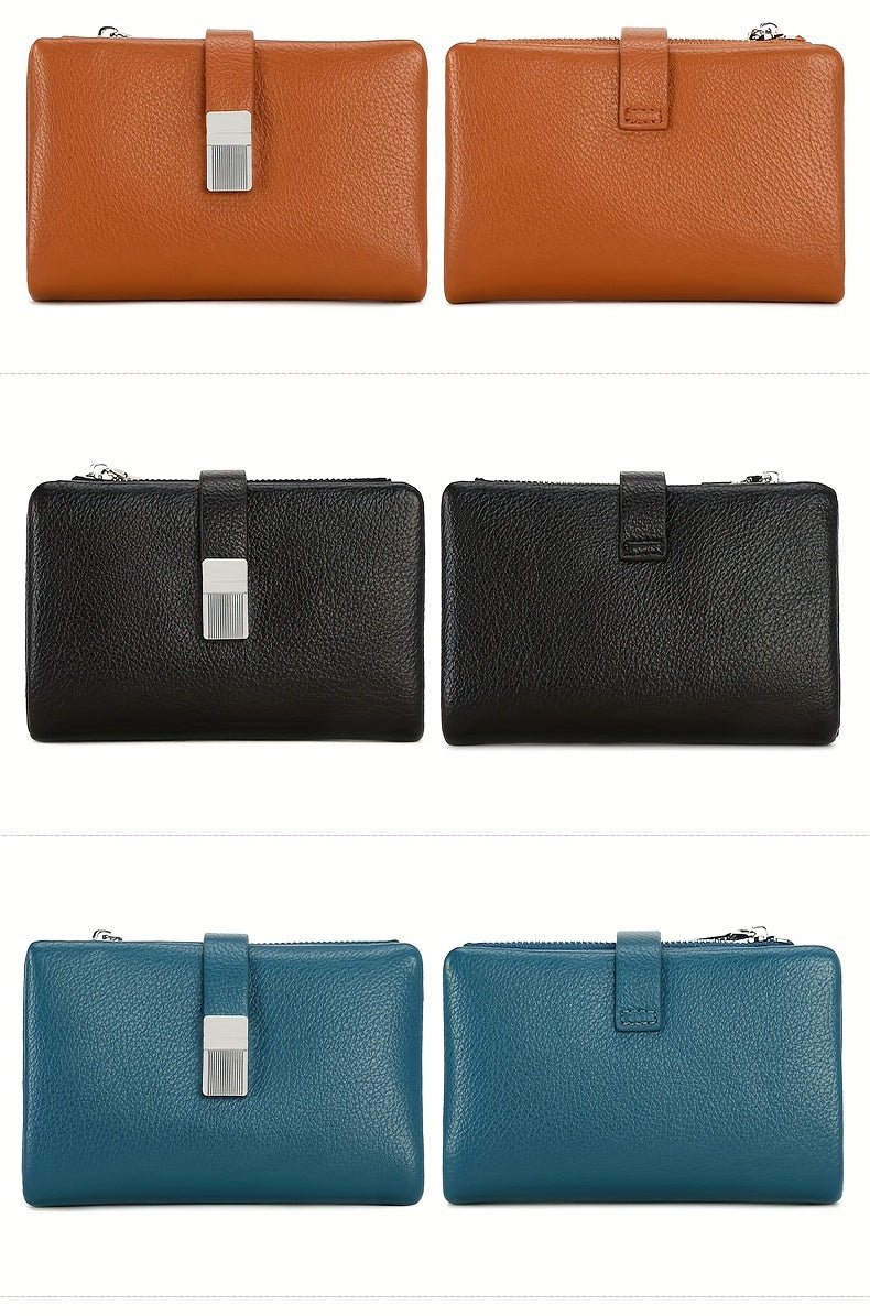 A Compact Trifold Wallet Made of Soft PU in a Solid Color, Featuring Metal Accents. It Includes a Zippered Coin Pocket, Card Slots, And an ID Window, Suitable for Credit Cards, ID Cards, Cash, And Coins. This Modern, Lightwei