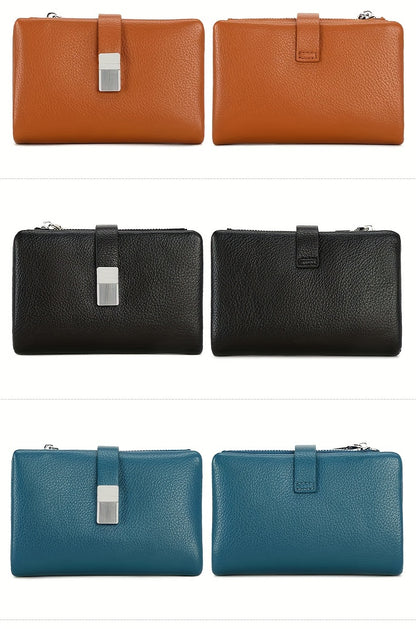 A Compact Trifold Wallet Made of Soft PU in a Solid Color, Featuring Metal Accents. It Includes a Zippered Coin Pocket, Card Slots, And an ID Window, Suitable for Credit Cards, ID Cards, Cash, And Coins. This Modern, Lightwei