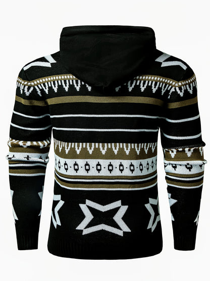 Տղամարդու գլխարկով սվիտեր աշնանային և ձմեռային համար, երկրաչափական տրիկոտաժե նախշերով, փողոցային ոճով և հարմարավետ տրիկոտաժե սվիտերով