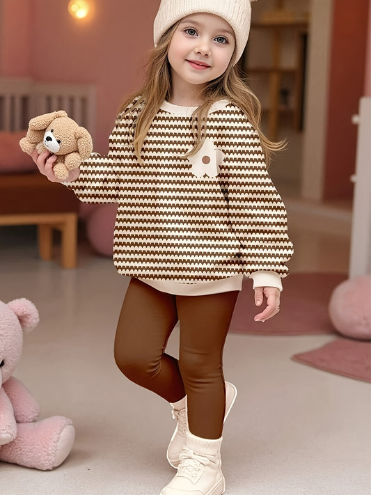 Girls' Striped Floral Sweatshirt & Leggings Set, Soft & Cozy - ayq