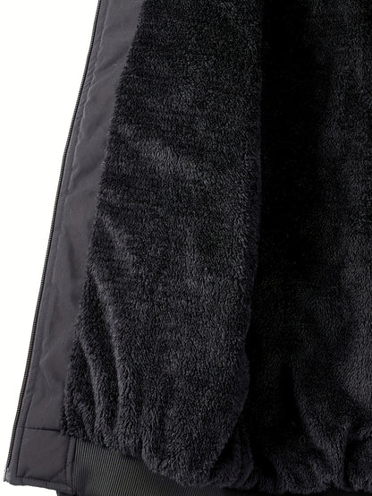 Men's Casual Fleece-Lined Hoodie Jacket - Warm, Windproof Zip-Up Coat with Quilted Design for Fall/Winter, Winter Coat