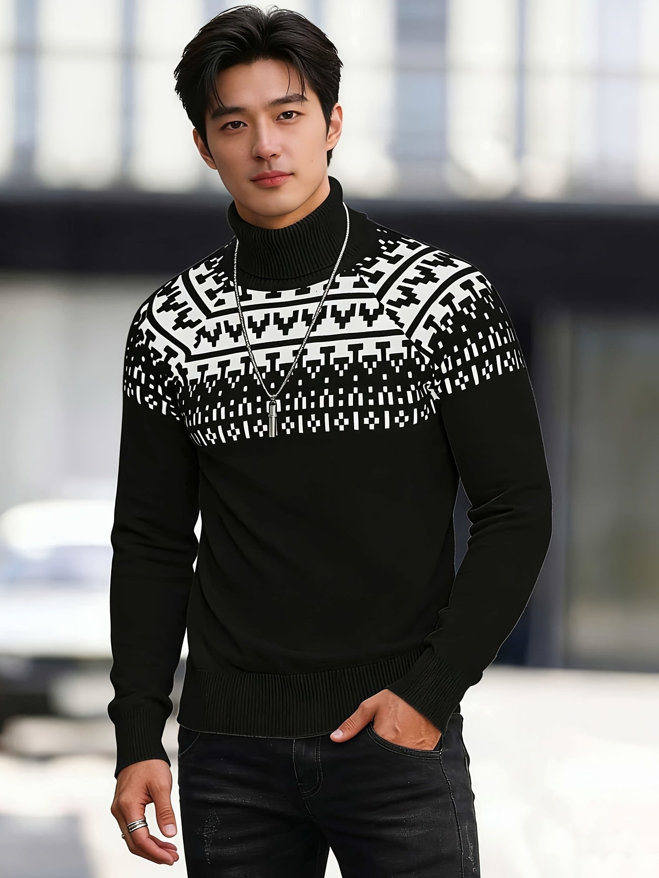 Տղամարդկանց միագույն, վանդակավոր, տաք, բարձր օձիքով, տրիկոտաժե, երկար թևքերով սվիտեր՝ աշնանը և ձմռանը առօրյա հագուստի համար