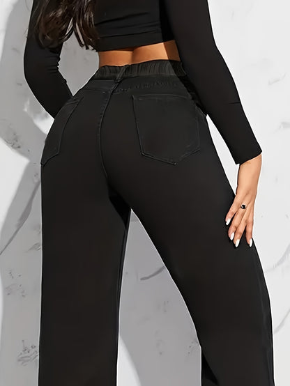 Women's High-Waisted Wide Leg Jeans, Fabric Blend, Polyester, Viscose, Classic Style, Machine Washable, No Stretch, Solid Color, Four Seasons, Zipper Closure, Casual Outwear