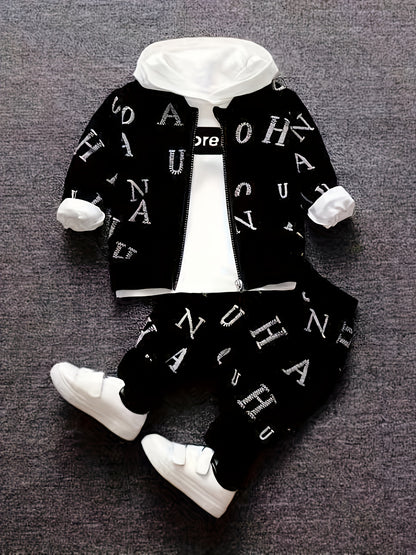 BabiColor Boys' 3pcs Cotton Blend Outfit Set - Letter Print Hoodie, Zip-Up-up բաճկոն և տաբատ գարնան/աշունի համար, կատարյալ դրսի համար