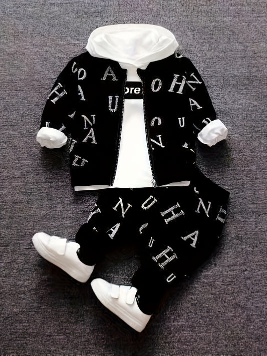 BabiColor Boys' 3pcs Cotton Blend Outfit Set - Letter Print Hoodie, Zip-Up Jacket & Pants for Spring/Fall, Perfect for Outdoor