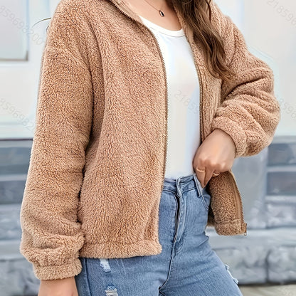 Women'S Cozy Fleece Jacket with Hood - Casual High Neck Zippered Long Sleeve Polyester Knit Fabric Sweater for Fall/Winter