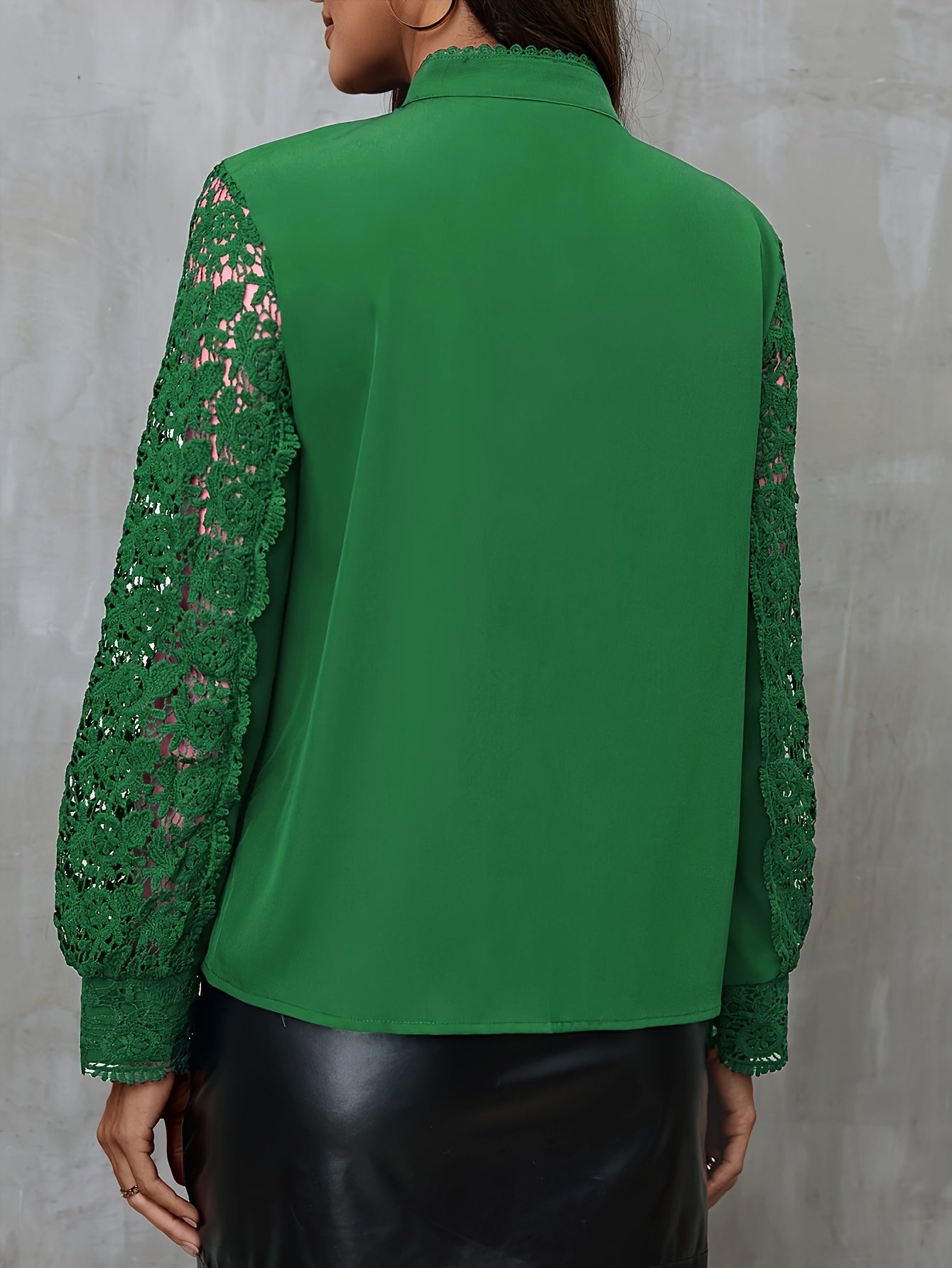 Solid Contrast Lace Blouse, Elegant Mandarin Collar Long Sleeve Blouse, Women's Clothing