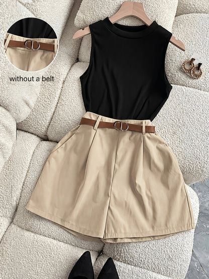 Women's Summer Business Casual 2-Piece Set with Wide-Leg Shorts