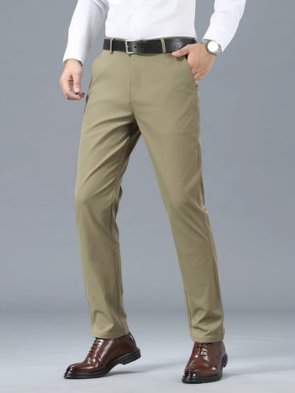 Men's Classic Business Casual Pants - Polyester, Solid Color, Regular Fit for All Seasons