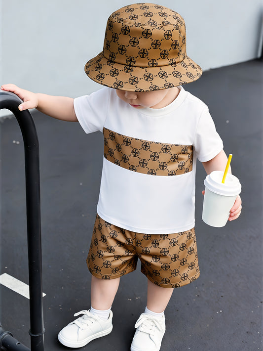 Baby Toddler Patchwork T-Shirt Shorts Set with Hat for Summer - ayq