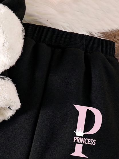 Autumn And Winter Style Fleece Tops, Fashionable Letter Pattern Prints, Warm Hoodies And Sweatpants Two-Piece Set, for Outdoor