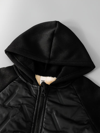 Boys' Autumn/Winter New Jacket with Striped Print, Letter Patch, Zipper Hooded Thickened Warm Coat and Casual Comfortable Everyday Versatile Sweatpants 2pcs Set, Perfect for Outdoor