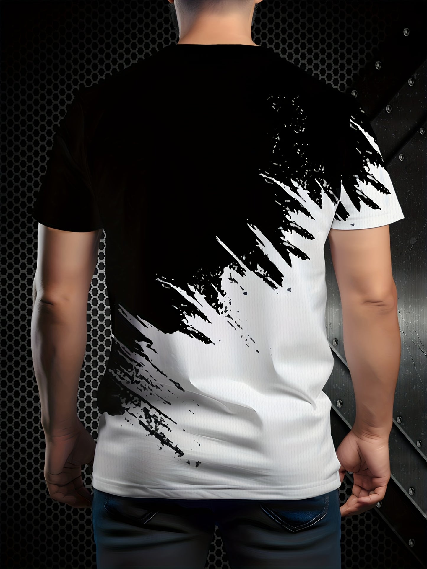 Men'S 3D Print Black And White Color-Blocked Graphic T-Shirt, Casual Short-Sleeve Summer Outdoor Wear (Middle East)