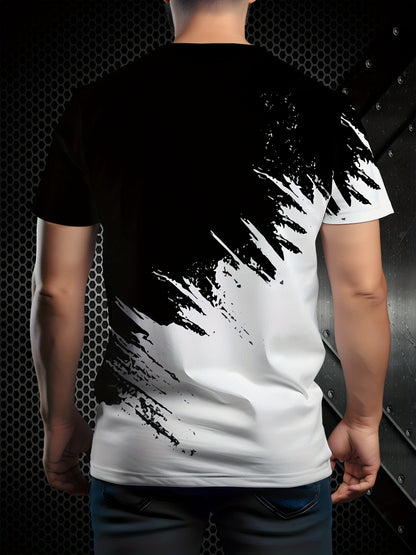 Men'S 3D Print Black And White Color-Blocked Graphic T-Shirt, Casual Short-Sleeve Summer Outdoor Wear (Middle East)