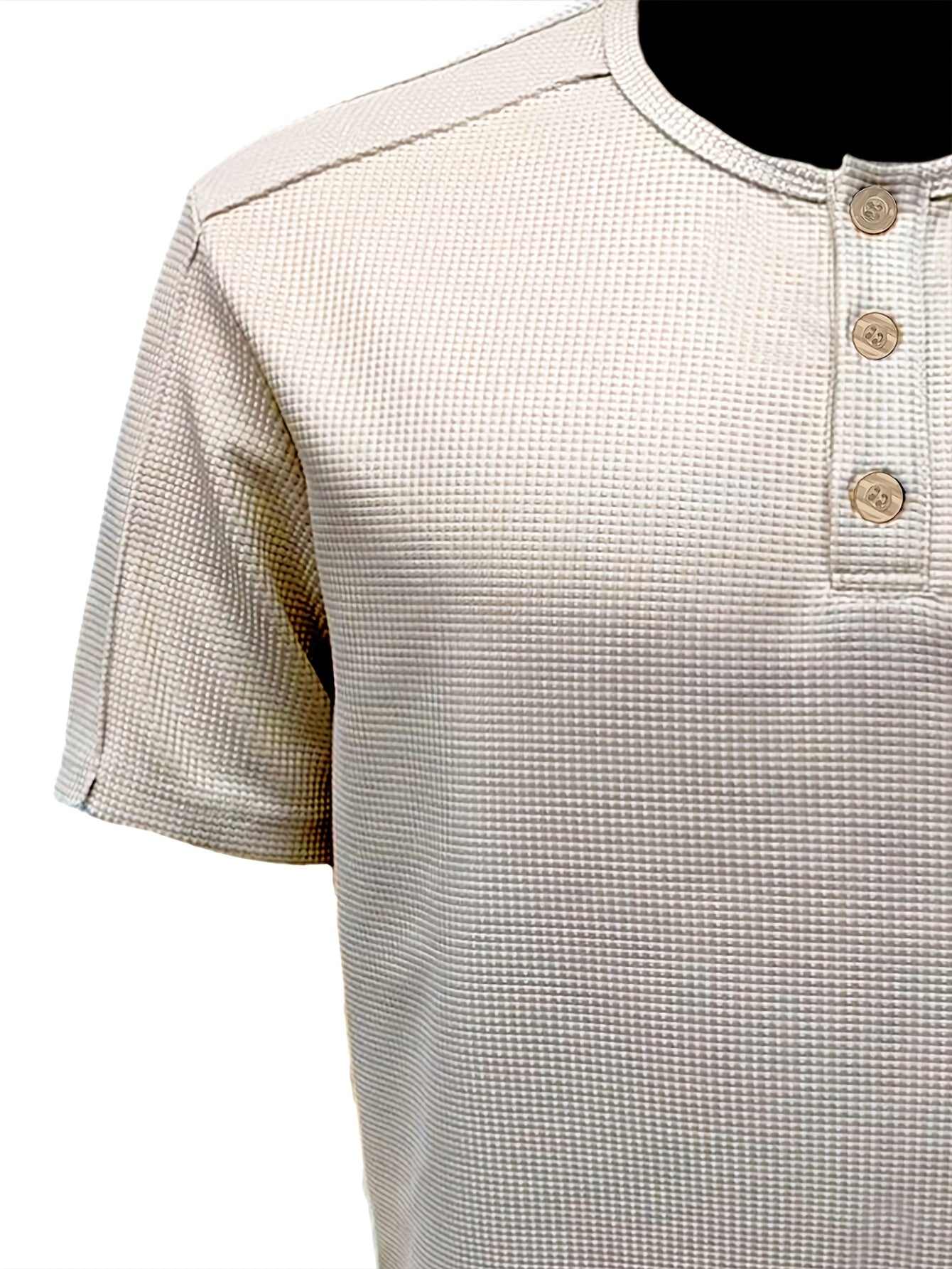 Men'S Long-Sleeve Henry Shirt in Knitted Waffle Style, Featuring Stylish Buttons And a Solid Color, Perfect for High-Quality Casual Outdoor Wear in Spring And Summer.