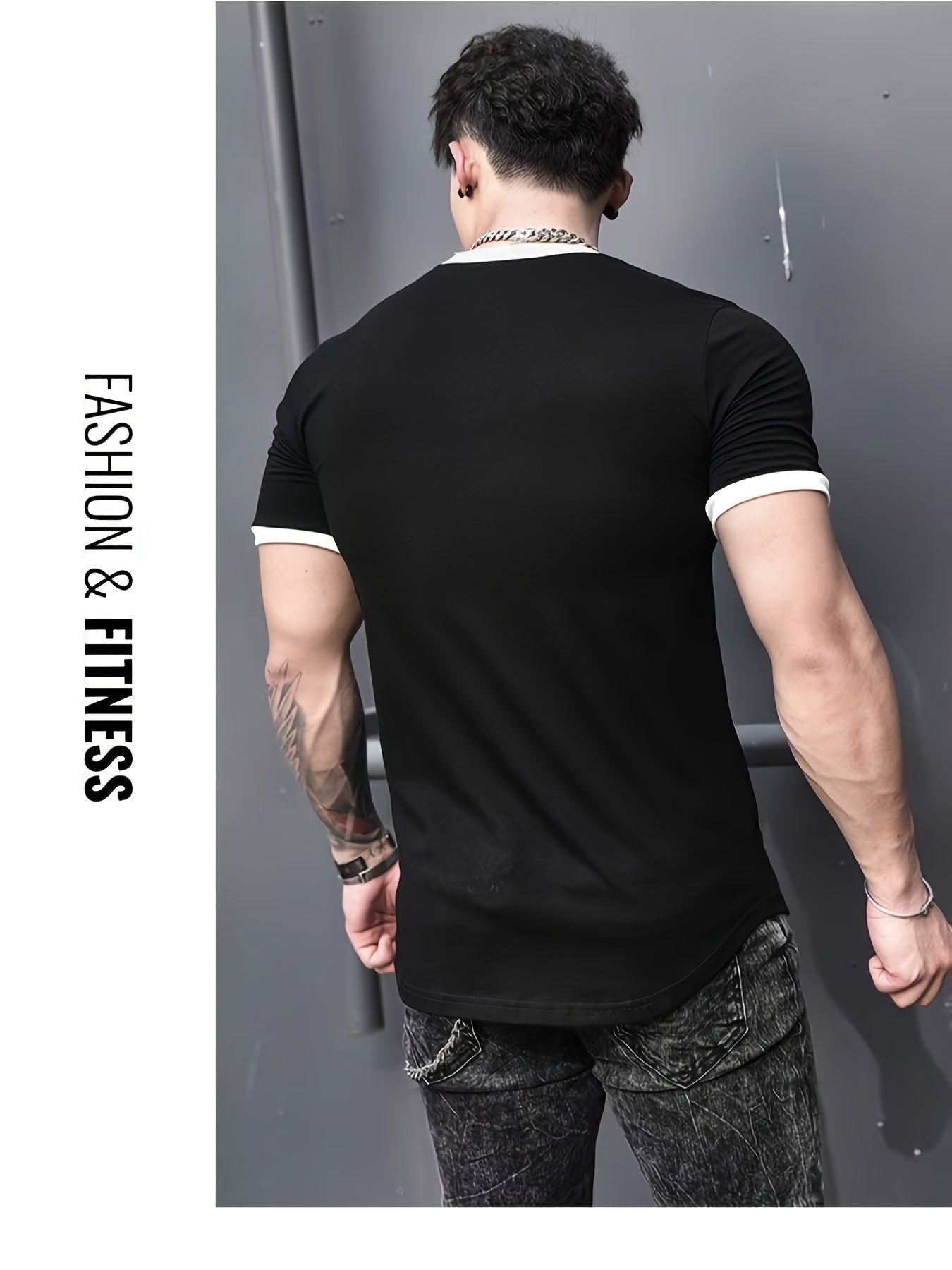 Men's Quick-Dry Athletic T-Shirt - High Elasticity, Breathable Polyester, Black with White Contrast Trim, Round Neck, Short Sleeves for Gym, Running & Basketball, Workout Clothing | Casual Sportswear | Polyester Fabric