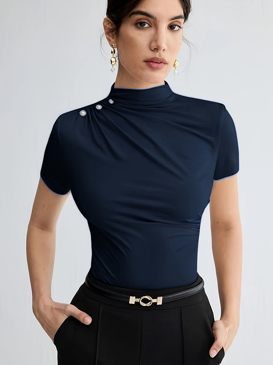 Elegant White Short Sleeve Turtleneck Top with Button Detail - Versatile Summer Blouse for Women, Casual Attire|Minimalist Style|Sleek Fit