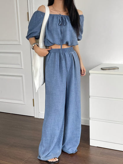 Women's Summer Solid Color Off-Shoulder Puff Sleeve Crop Top and Loose Wide-Leg Pants Two-Piece Set - ayq