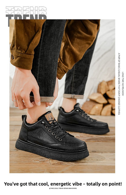 Men's Winter Warm PU -Like Hiking Sneakers with Plush -Like, EVA Cushioned Sole & Rubber Traction Tread - Low-Top Lace-Up Outdoor Shoes for Ice, Snow, Casual Wear (Black/Brown) - Cold Weather