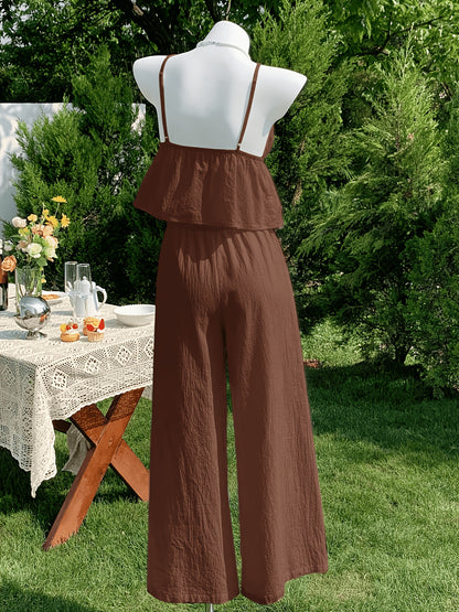 Women's Elegant Solid Color Camisole & Multi-Layer Skirt Shorts Set