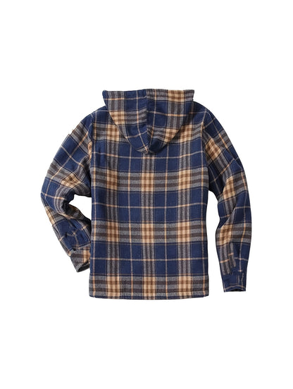 DPYEW Men's Full-Zip Hooded Jacket with Fleece Lining & Plaid Black/White/Gray Winter Coat - Windproof Outerwear, Full-Zip Closure, Hand Washable, Casual Jacket for Skiing, (Warm), Winter Jacket For Men, Mens Jacket, Men Wint