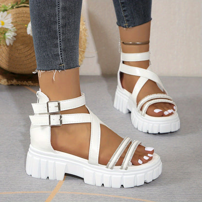 Women'S Summer Chunky Platform Sandals - Open-Toe Design with Adjustable Buckle Straps, White Faux Cover  Thick TPR Sole for Beach, Casual  Everyday Wear, Strappy Sandals, Beach Footwear, Stylish Footwear, Durable Footwear