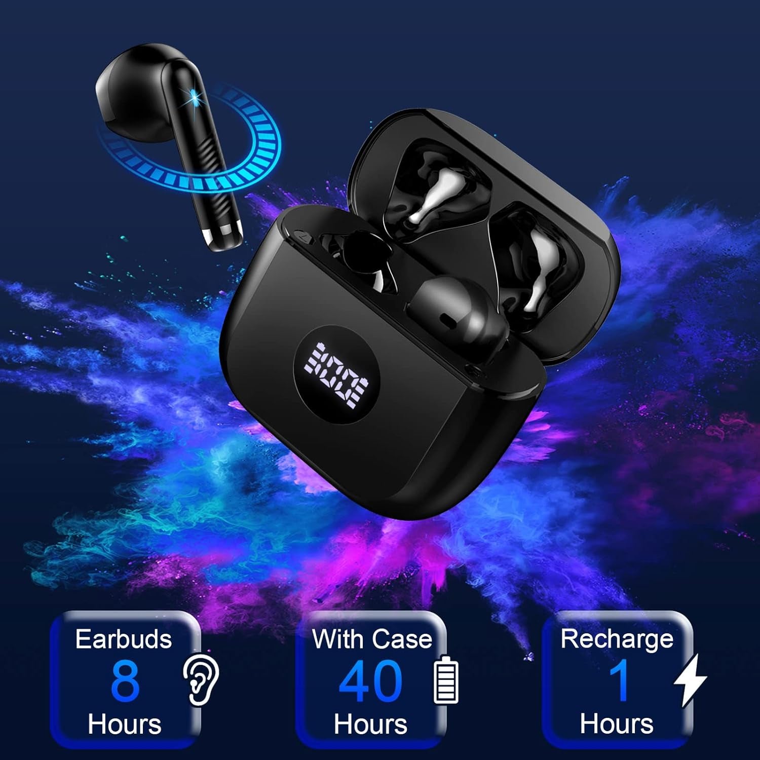 Wireless Earbuds, Bluetooth 5.4 Headphones Hifi Stereo, in Ear Earphones with 4 ENC Noise Cancelling Mics, 40H Playback Ear Buds with Mini Case, IP7 Waterproof Headset with LED Display, USB C Charging