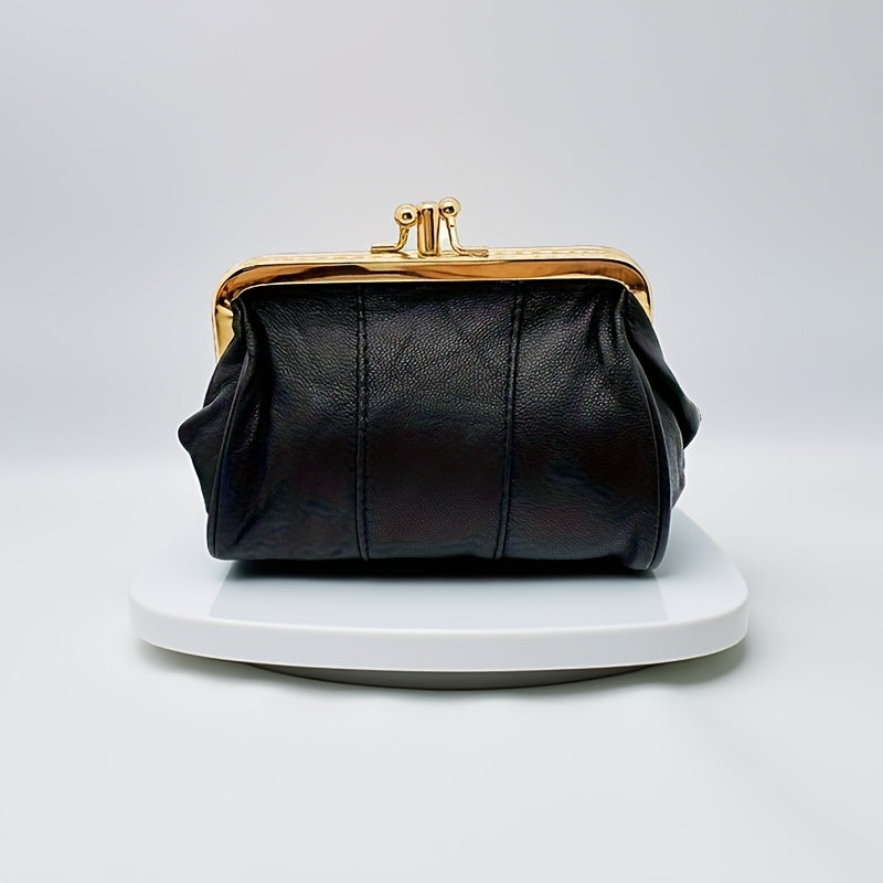 Vintage-Style Genuine Leather Clutch with Golden Metal Frame – Black Mini Wallet for Women, Compact Coin Purse & Key Holder, Elegant Textured Design