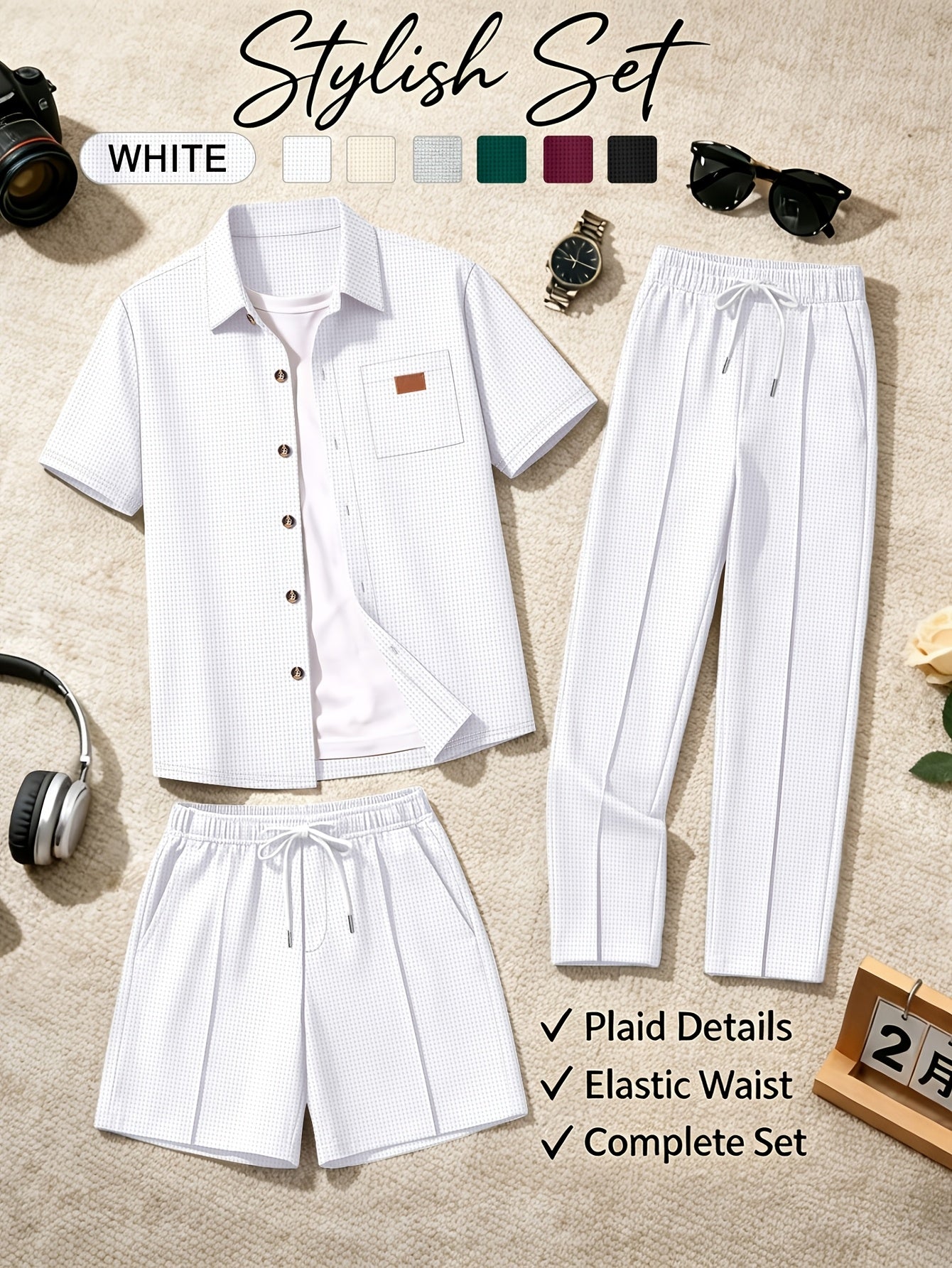 Men's 3-Piece Casual Waffle Knit Summer Set with Shirt & Shorts