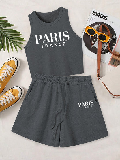 Casual Women's Two-Piece Vest and Shorts Set with Pattern Print