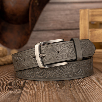 Preppy Style Men's Embossed PU Leather Belts with Vintage Leaf Pattern and Alloy Shaped Buckle