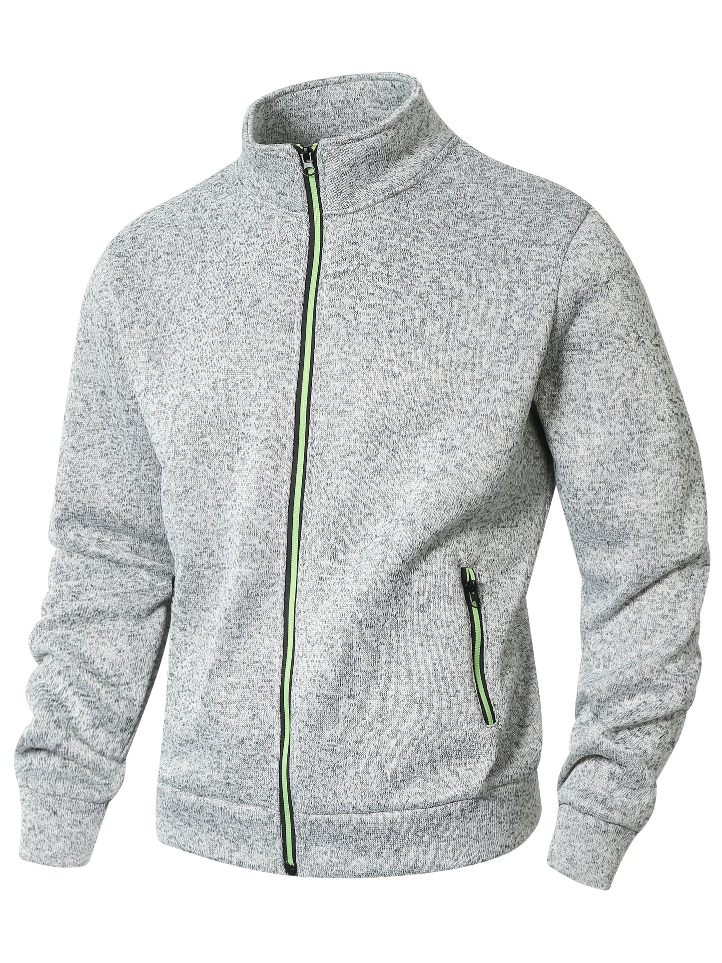 Men's Sporty Full-Zip Stand Collar Sweatshirt - Long Sleeve Casual Pullover with Neon Green Accents, Solid Color Non-Stretch Fabric, Regular Fit for Fall Winter