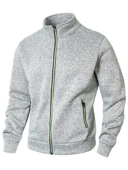 Men's Sporty Full-Zip Stand Collar Sweatshirt - Long Sleeve Casual Pullover with Neon Green Accents, Solid Color Non-Stretch Fabric, Regular Fit for Fall Winter