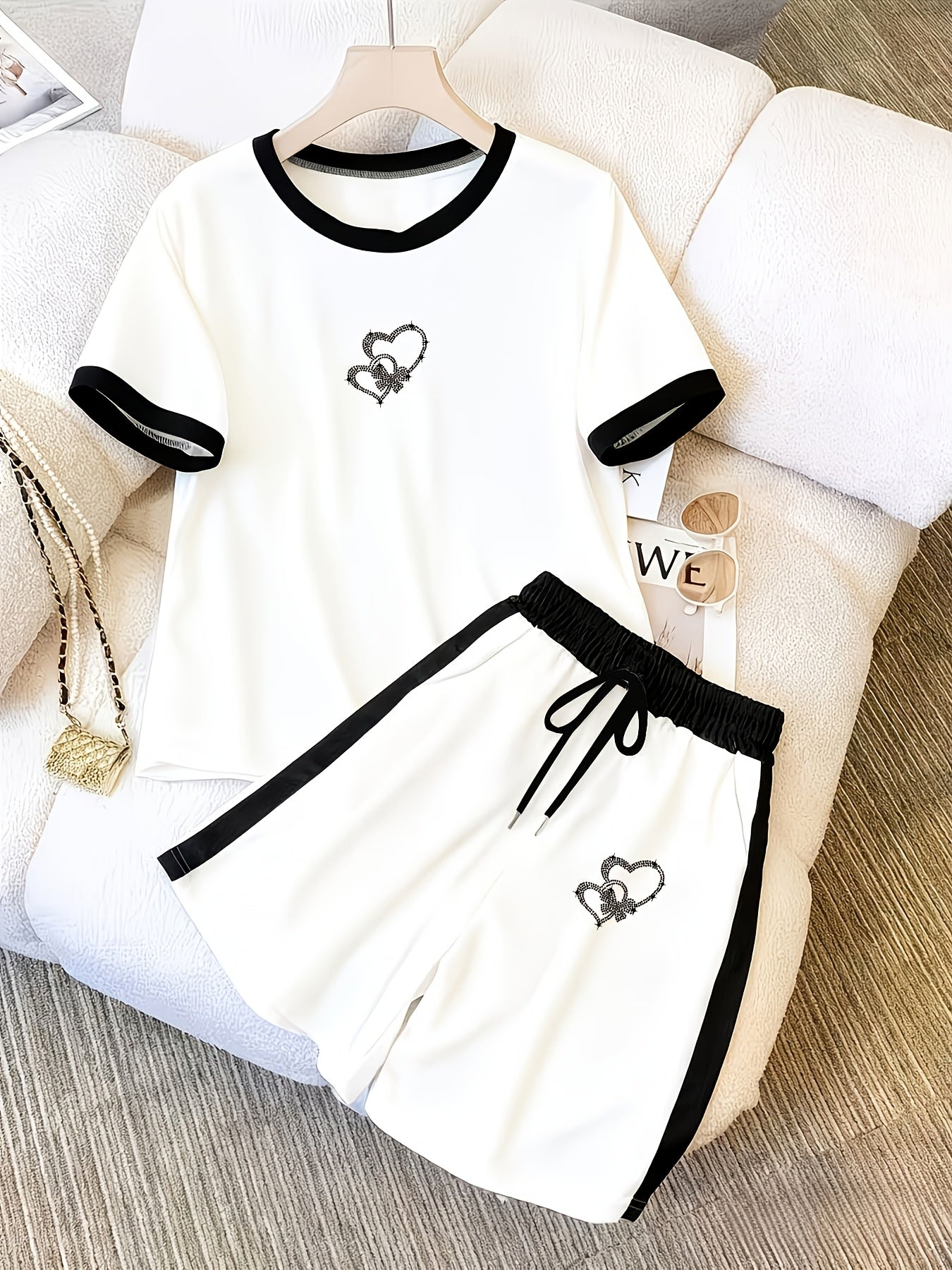 Women’s Casual Black & White Short Sleeve Shorts Set for Spring