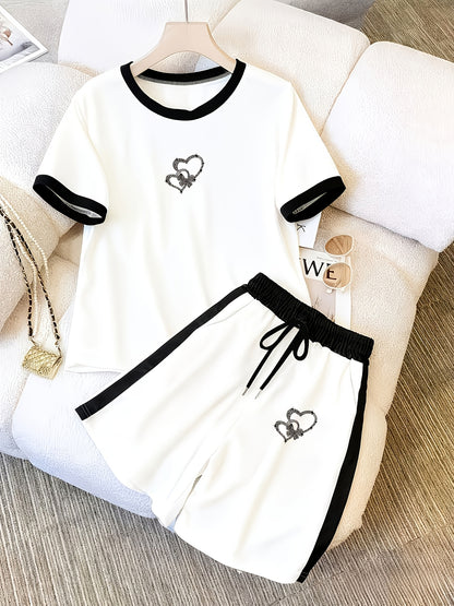 Women’s Casual Black & White Short Sleeve Shorts Set for Spring