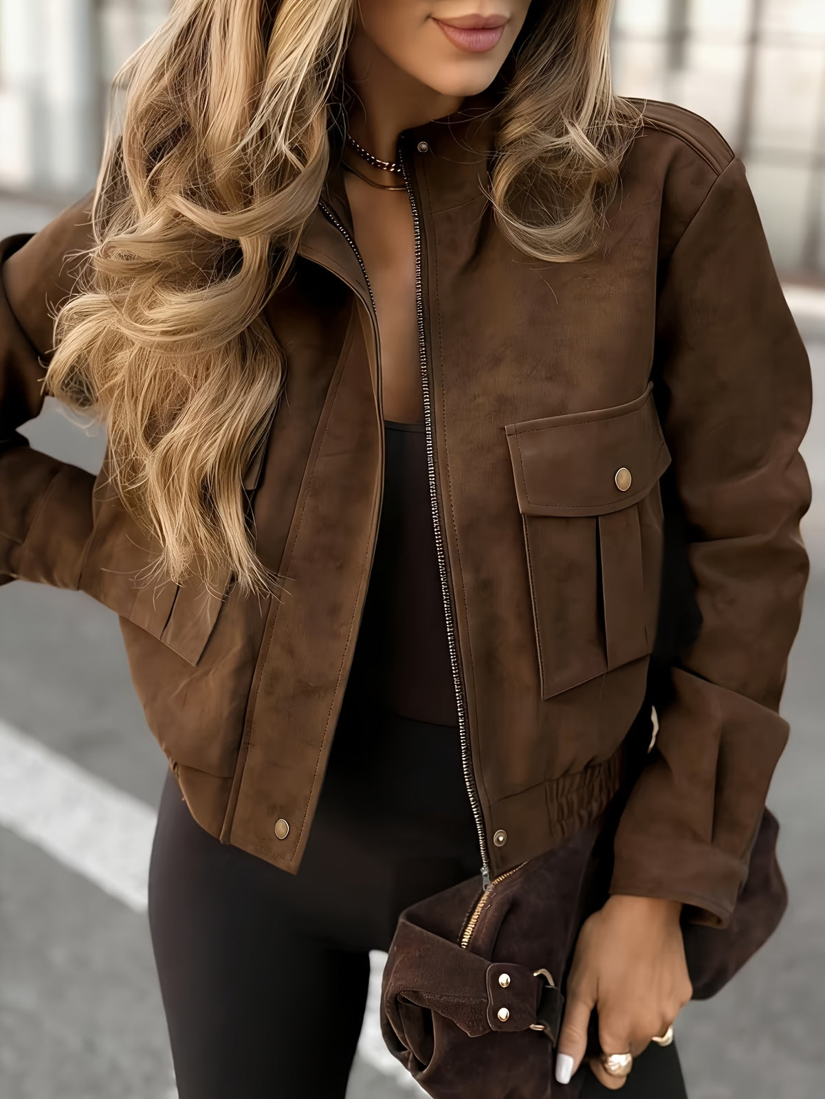 Plus Size Women's Vintage Cropped Stand Collar Zip Jacket