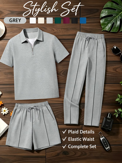 Men's Summer Casual 3-Piece Tracksuit Waffle Knit Half-Zip